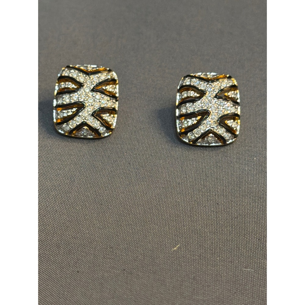 Swarovski Vintage Gold Tone Crystal Black Enamel Geometric Rectangular Studs